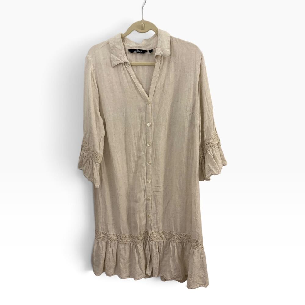 Mlle Gabrielle Tan Cotton Linen Shirt Dress XL Ruffle Hem Boho Classic Lagenlook
